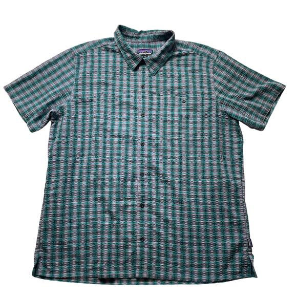Patagonia Short Sleeve Textured Green Plaid Button Down Shirt XXL Men's - Picture 1 of 5